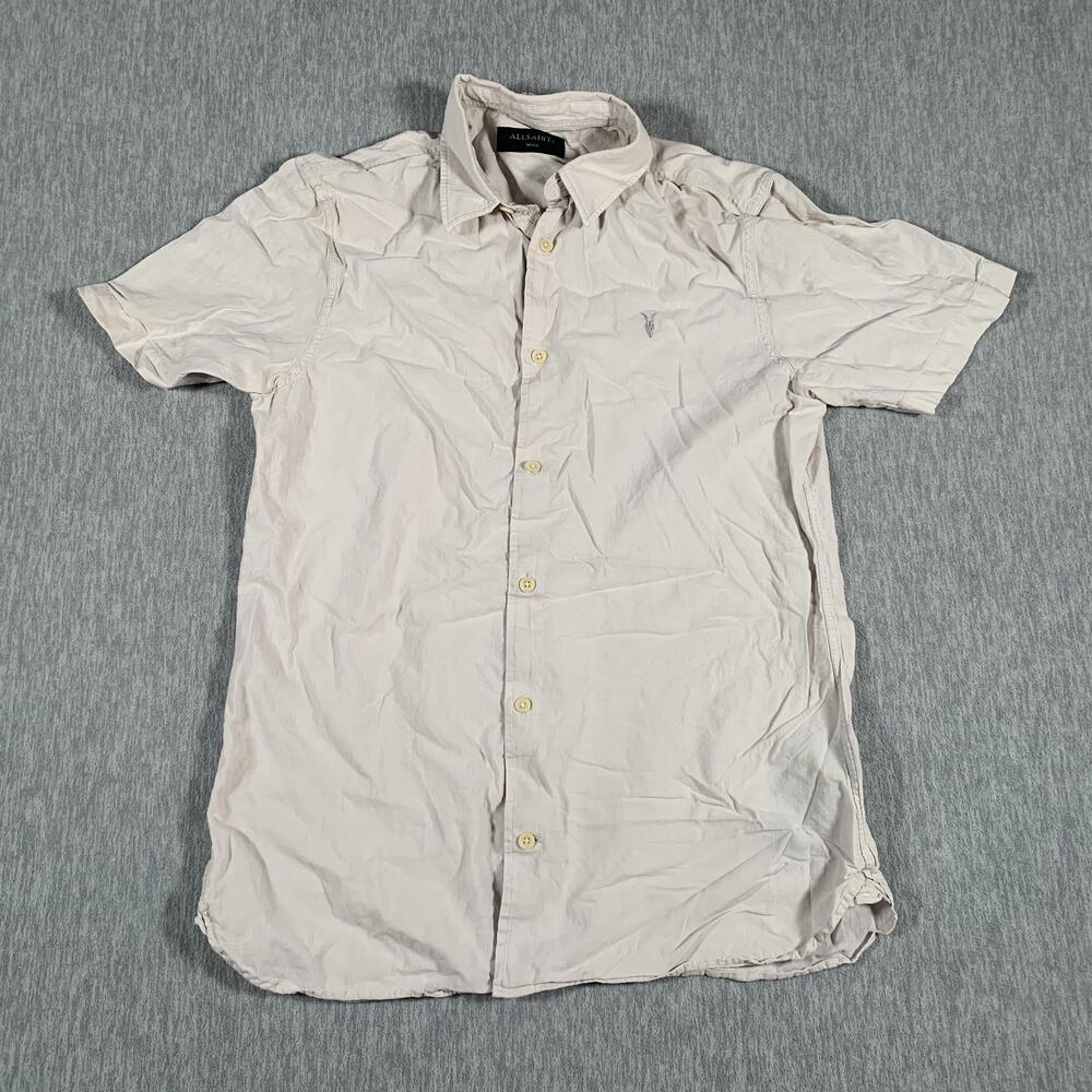 AllSaints Shirt Mens Small Beige Linen Cotton Short Sleeve Button Front Casual